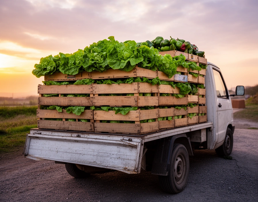Cajones de lechuga y morrón cargados en una camioneta