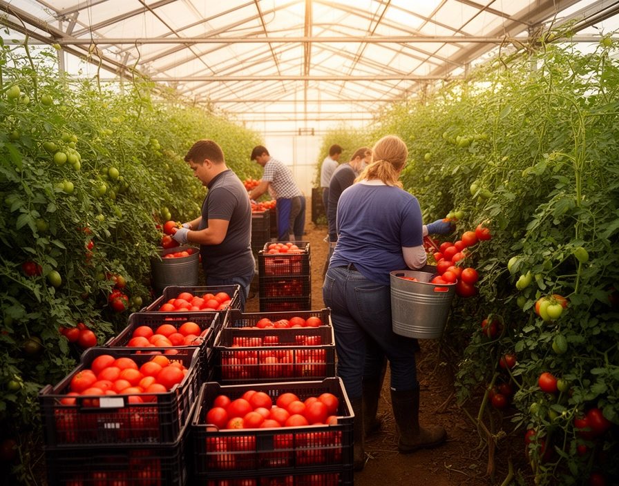 Personas cosechando tomate dentro de un invernadero