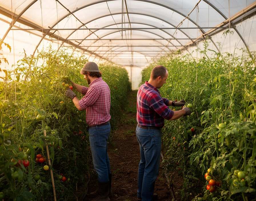 Dos trabajadores atando plantas de tomate dentro de un invernadero