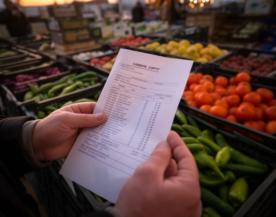Remito en la mano junto a cajones de verdura en el mercado